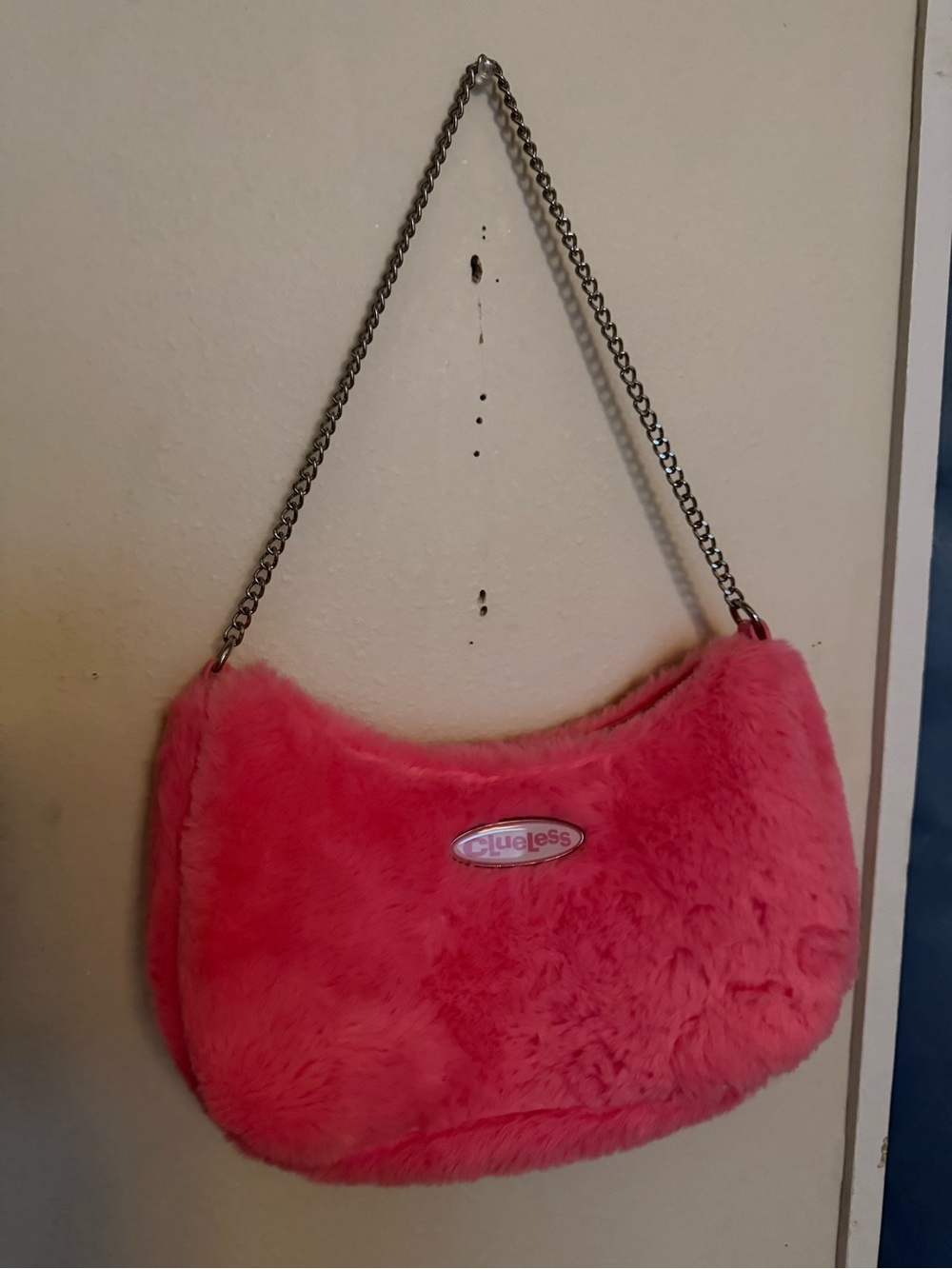 Clueless Pink Faux Fur Shoulder Bag with Chain Strap